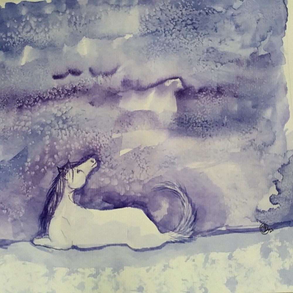 Purple Blue Horse Pony Equine Watercolor Painting Illustration